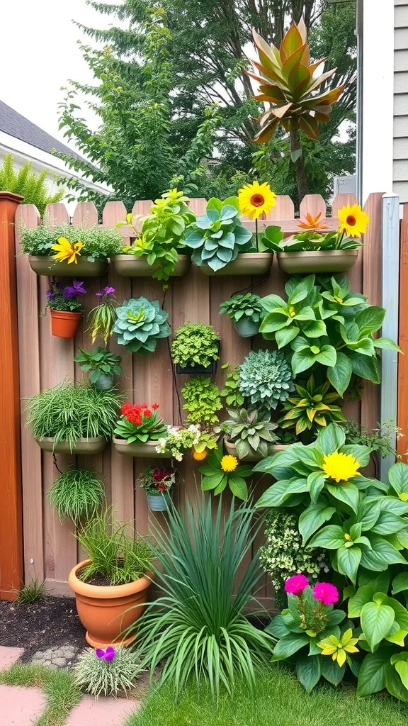 A colorful vertical garden featuring various plants arranged on a wall in a front yard.