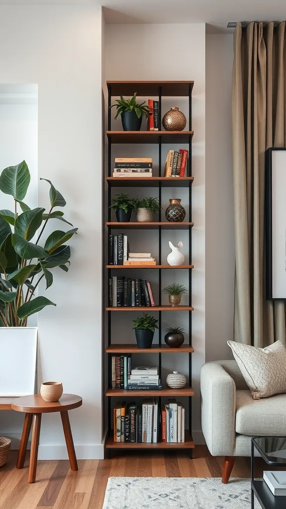 A tall vertical shelving unit with books and decorative items in a narrow living room setting