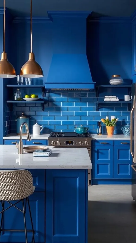 A modern kitchen featuring vibrant cobalt blue cabinets and soft grey accents.