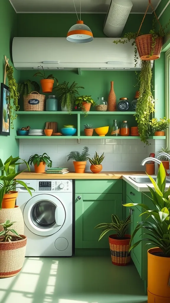 Bright green laundry room with plants and colorful decor.