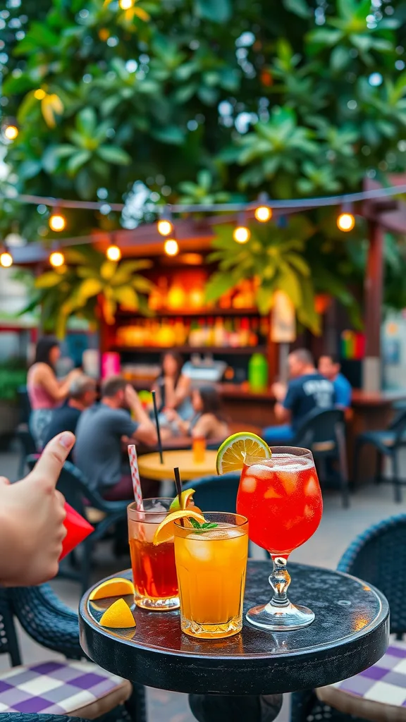 Outdoor bar setup with colorful cocktails and a cozy seating area