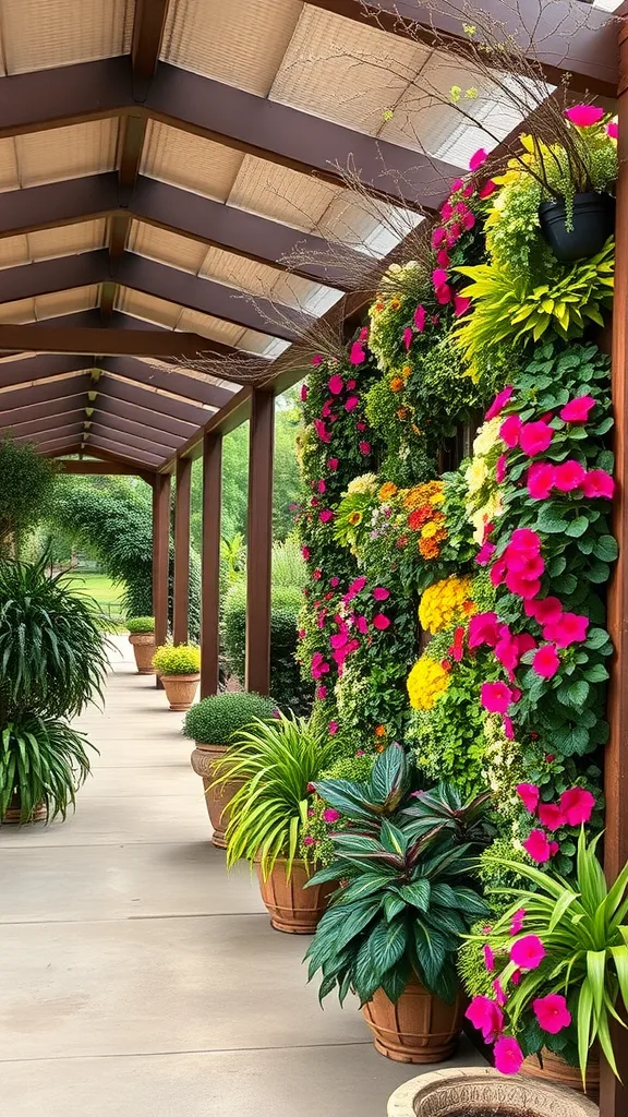 Beautiful outdoor patio with a vertical garden full of colorful flowers and lush plants.