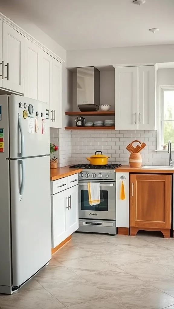 A modern kitchen with vintage accents featuring a mix of white cabinetry, wooden elements, and stainless steel appliances.