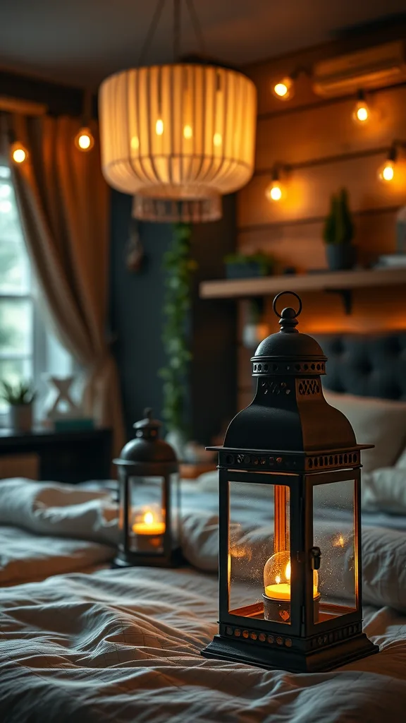 Vintage lanterns on a bed providing warm lighting in a forest-themed bedroom.