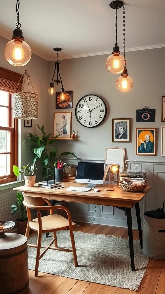 A stylish home office with vintage lighting fixtures, bookshelves, and a modern desk.