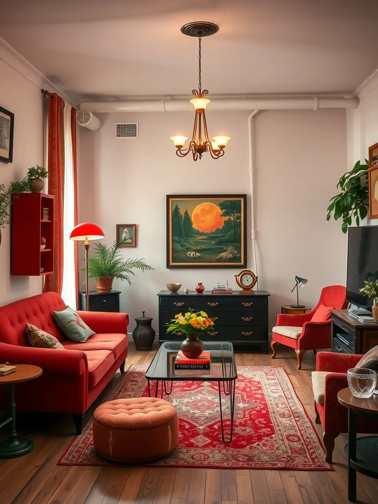 A cozy vintage-inspired red living room featuring red furniture, art, and accessories.