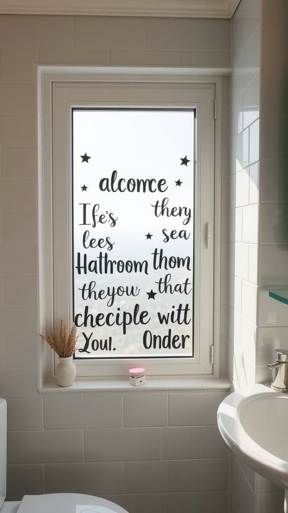 A bathroom window featuring vinyl cling decor with playful lettering.