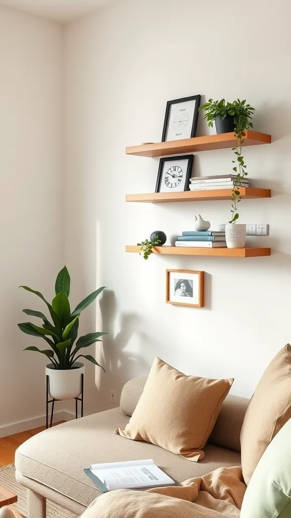 Living room with wall-mounted floating shelves decorated with plants and art