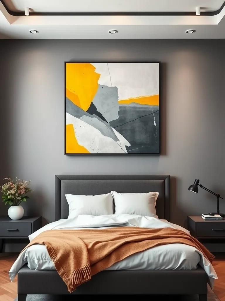 A modern bedroom featuring a large abstract painting with grey and yellow tones above a neatly made bed.