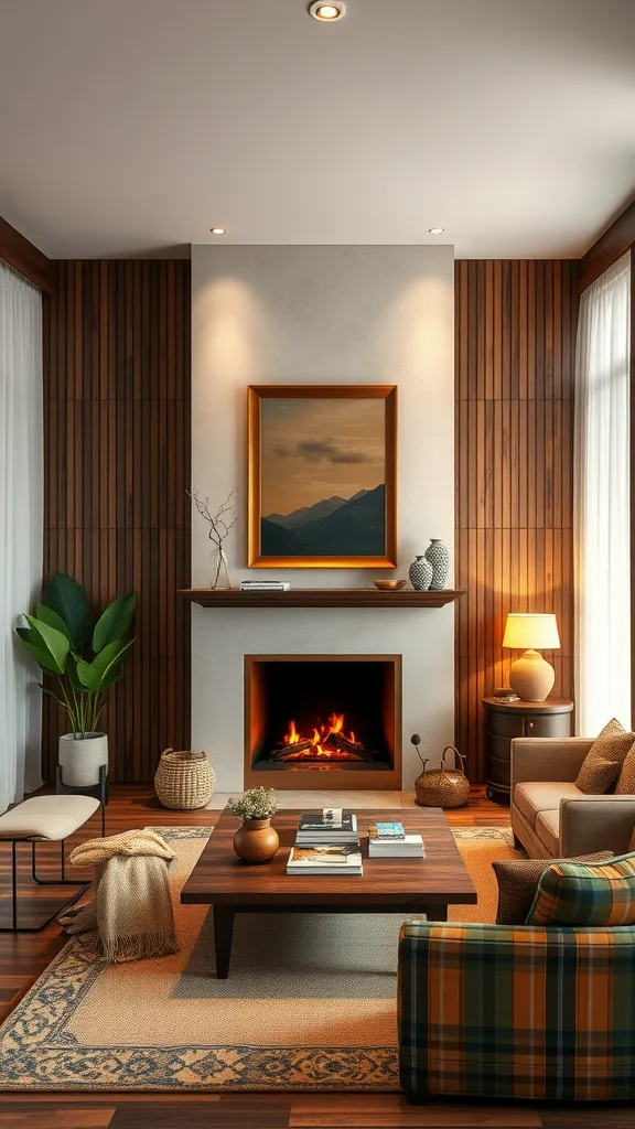 A warm and inviting Japandi living room featuring a stylish fireplace.