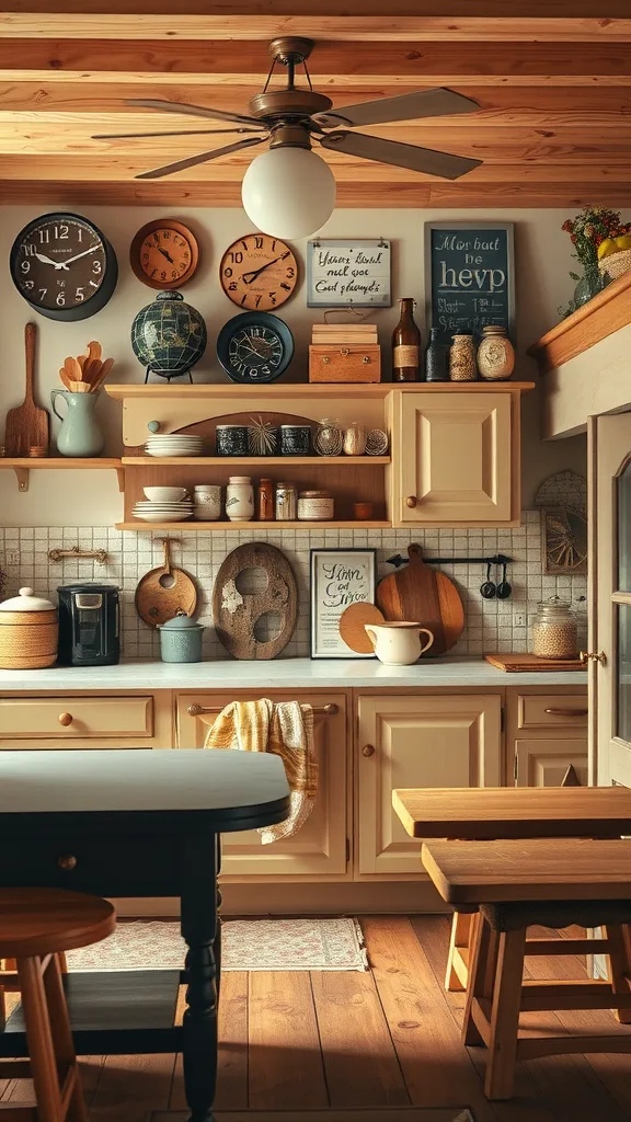 A cozy kitchen with warm beige cabinets, wooden furniture, and decorative items on the shelves.