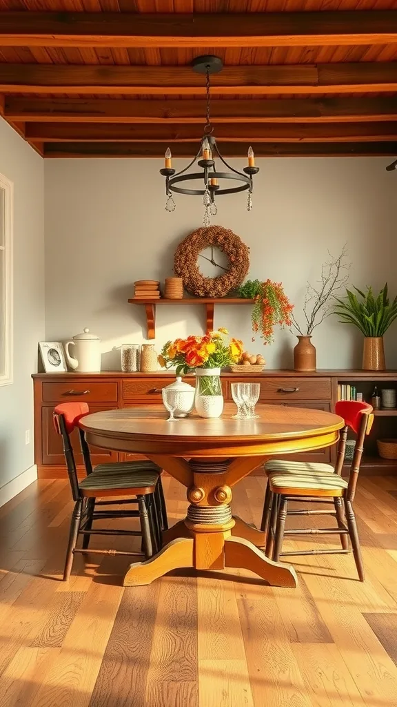 Cozy farmhouse dining room featuring a round wooden table with a flower centerpiece and warm wood accents.