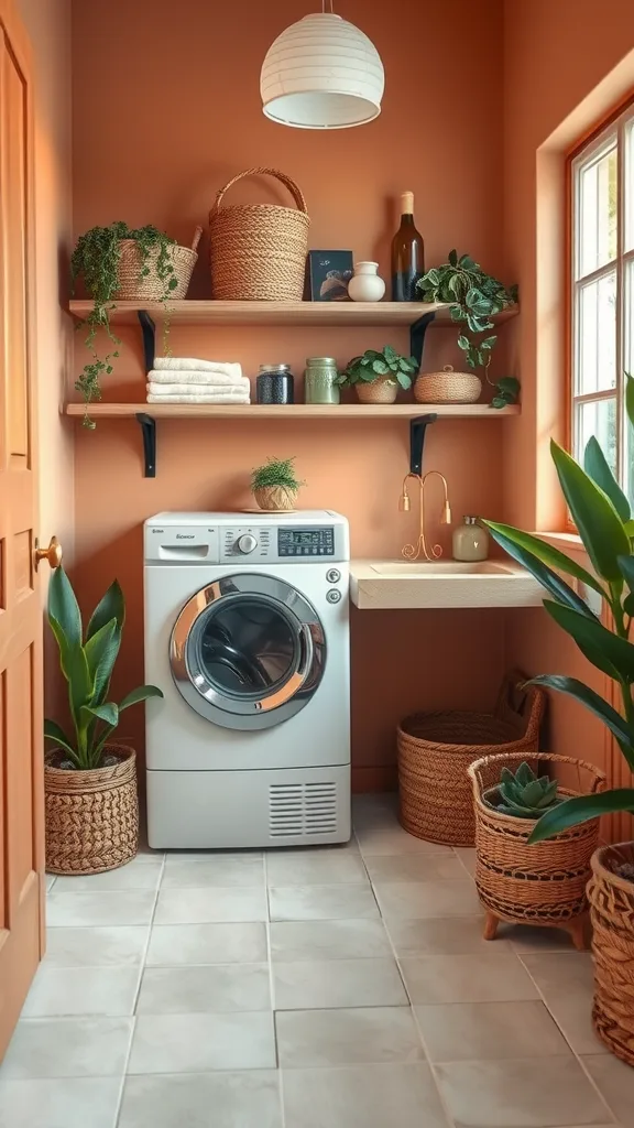 A cozy laundry room featuring warm earth tones, plants, and natural decor.