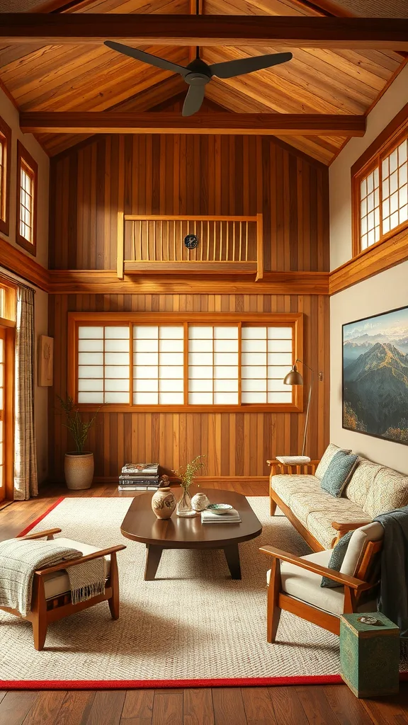 A cozy Japandi living room featuring warm wood accents, comfortable seating, and a stylish coffee table.