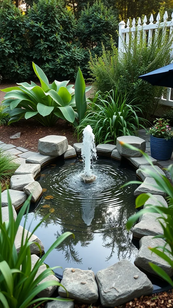 A serene pond with a fountain surrounded by lush plants and stones.