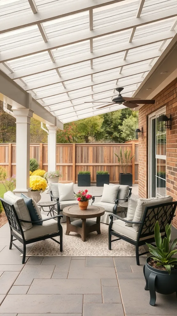 A covered outdoor patio featuring weatherproof furniture with comfortable seating and a central table.