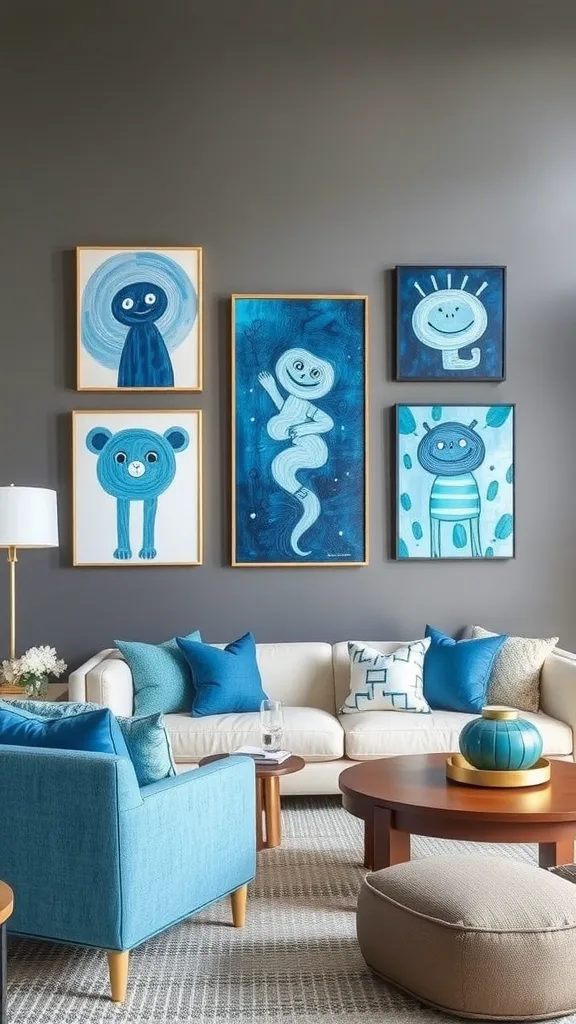 A living room featuring blue artwork on a gray wall with a gray couch and blue accents.