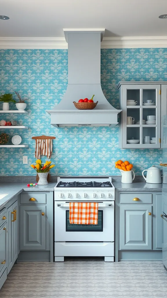 A kitchen with blue wallpaper and grey cabinets