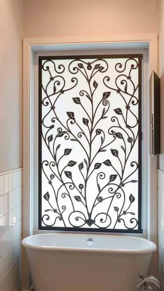 Decorative window privacy screen with a floral design in a bathroom setting