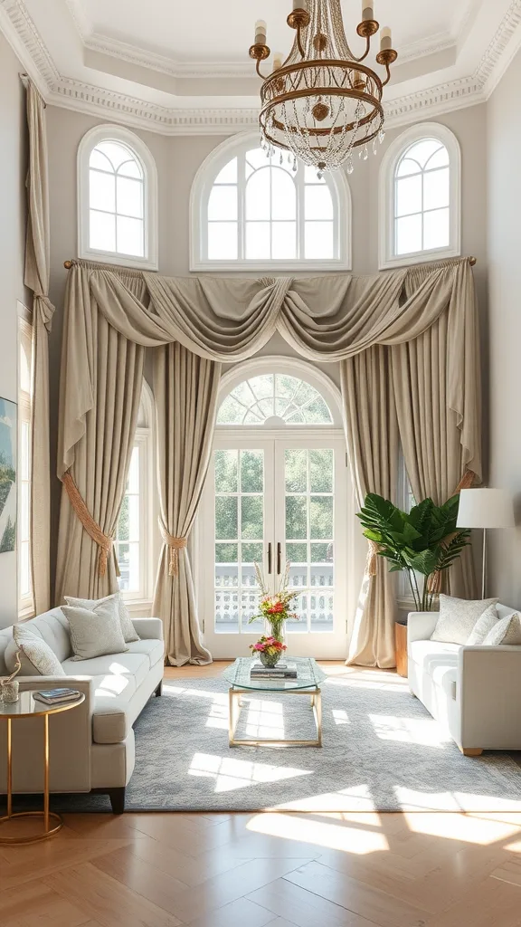 Elegant living room with soft drapery, a chandelier, and a view of the outdoors.