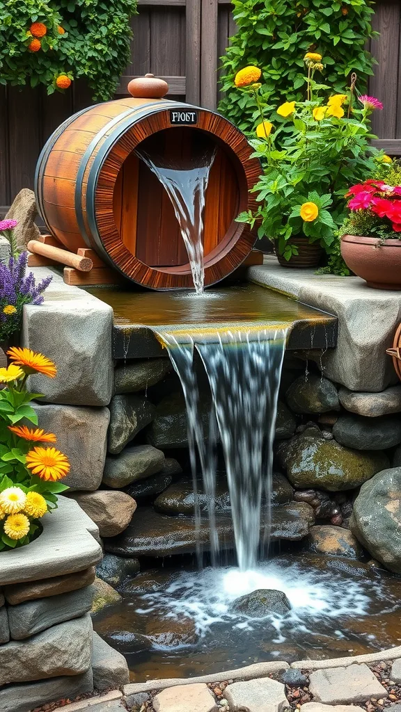 Wooden barrel waterfall with flowers in a garden setting