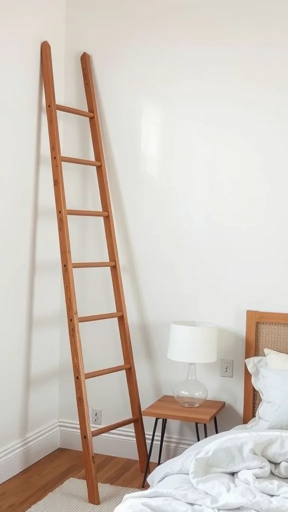 A wooden ladder leaning against a wall in a cozy bedroom, next to a lamp and a bed with white bedding.