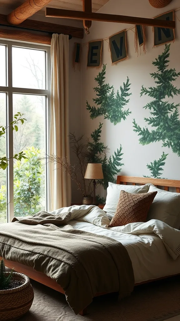 A cozy bedroom with a woodland-inspired color palette featuring a green tree mural, neutral bedding, and natural light.