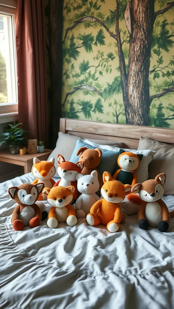 A collection of woodland creature plush toys on a bed with nature-themed wallpaper.