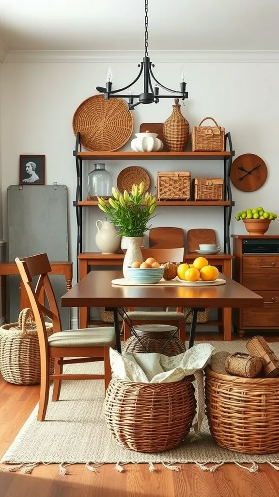 A farmhouse dining room with woven baskets for storage, featuring a wooden table, various decorative items, and a cozy atmosphere.