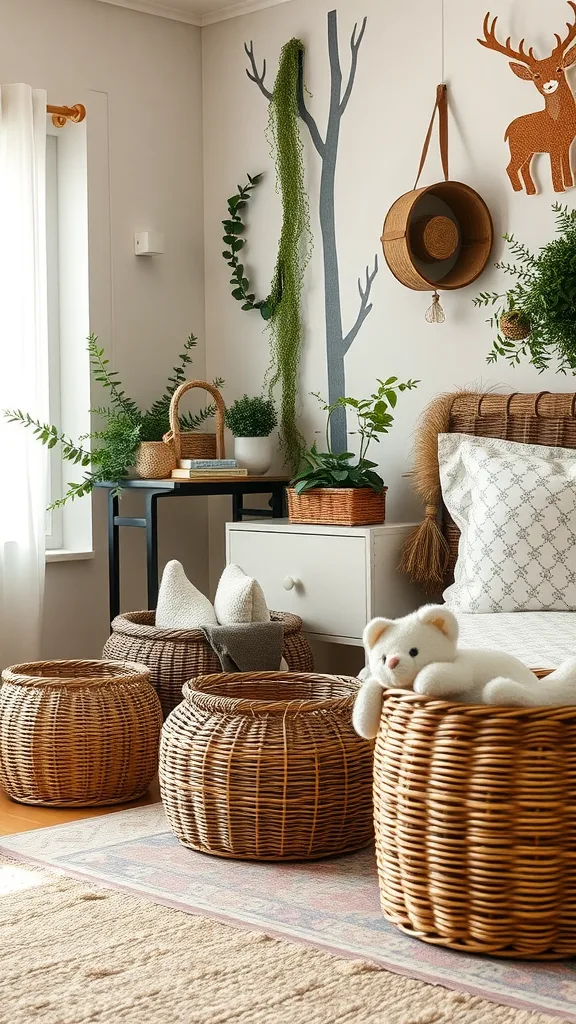 A cozy forest-themed bedroom featuring various woven baskets for storage.