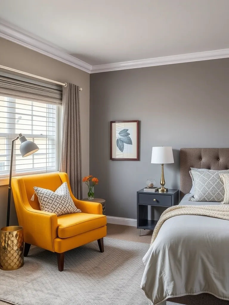 A cozy grey bedroom featuring a bright yellow accent chair and soft decor.