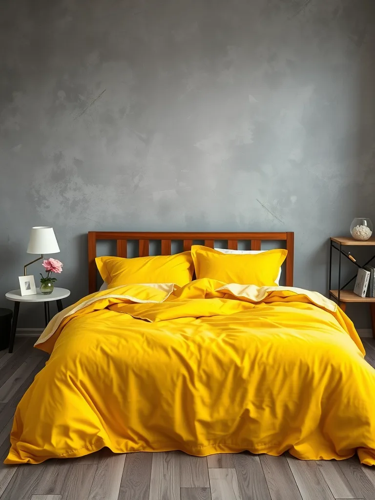 A cozy grey and yellow bedroom featuring bright yellow bedding.