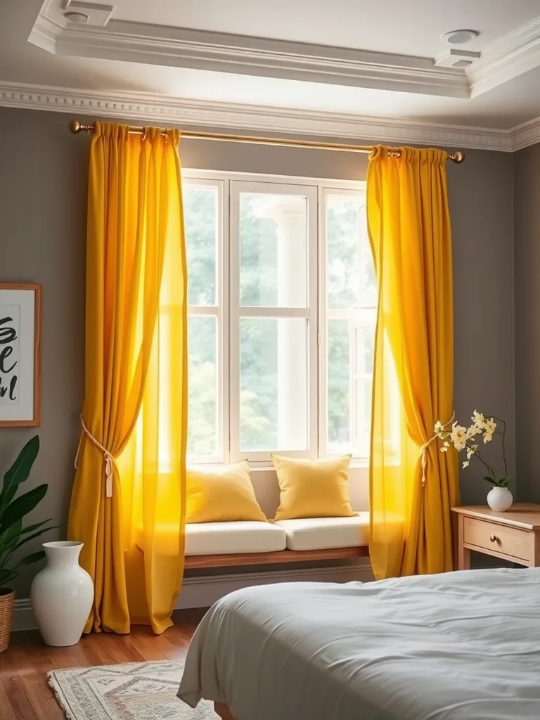 Bright yellow curtains in a grey bedroom with a cozy window seat.