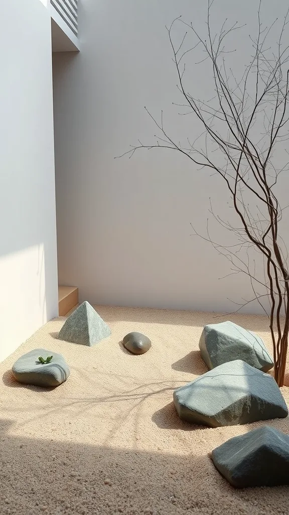 A serene Zen garden corner featuring smooth stones, soft sand, and a delicate tree.