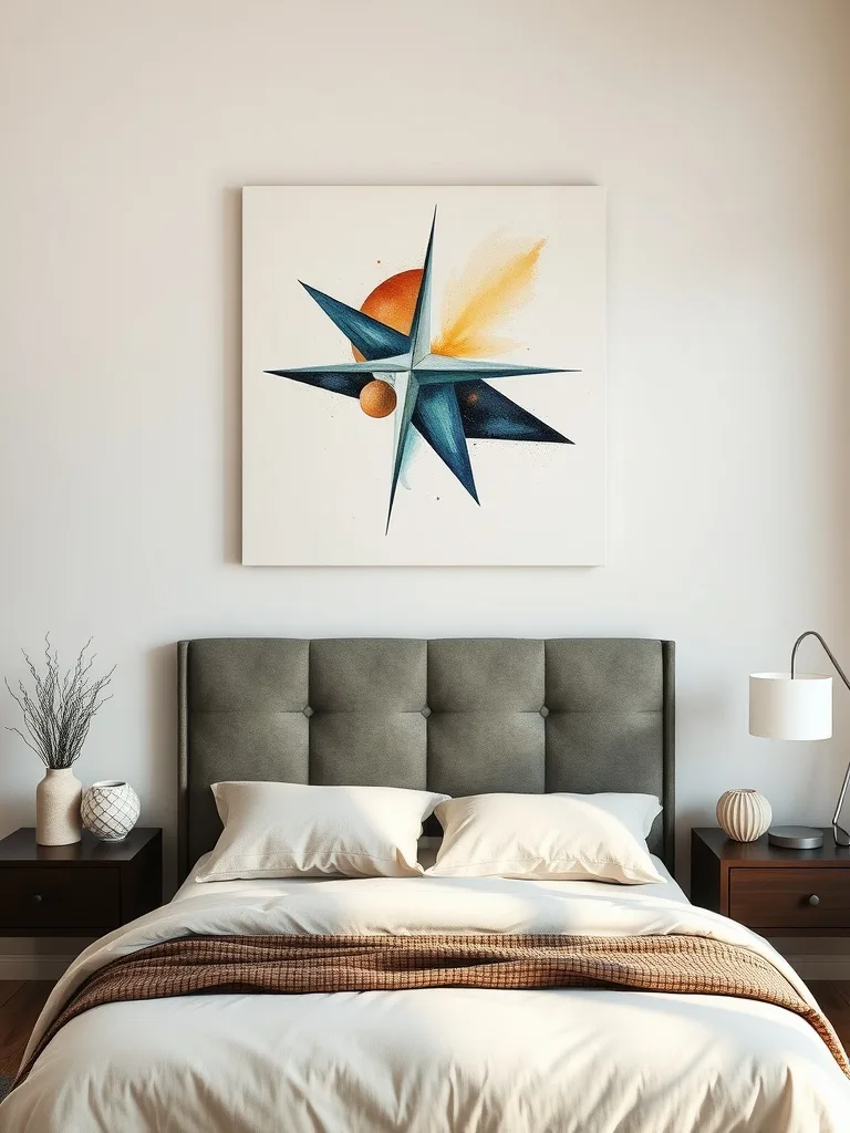 Abstract geometric art installation above a bed in a modern bedroom setting