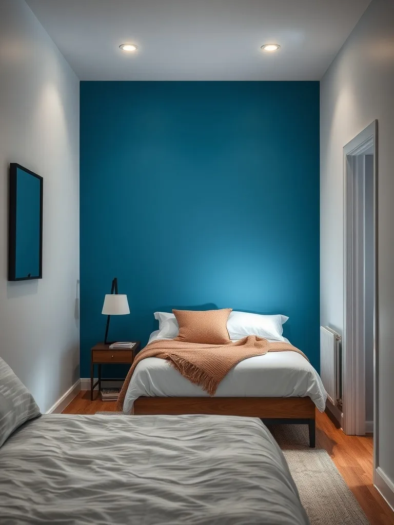 A narrow bedroom featuring a bold teal accent wall with a cozy bed and simple decor.