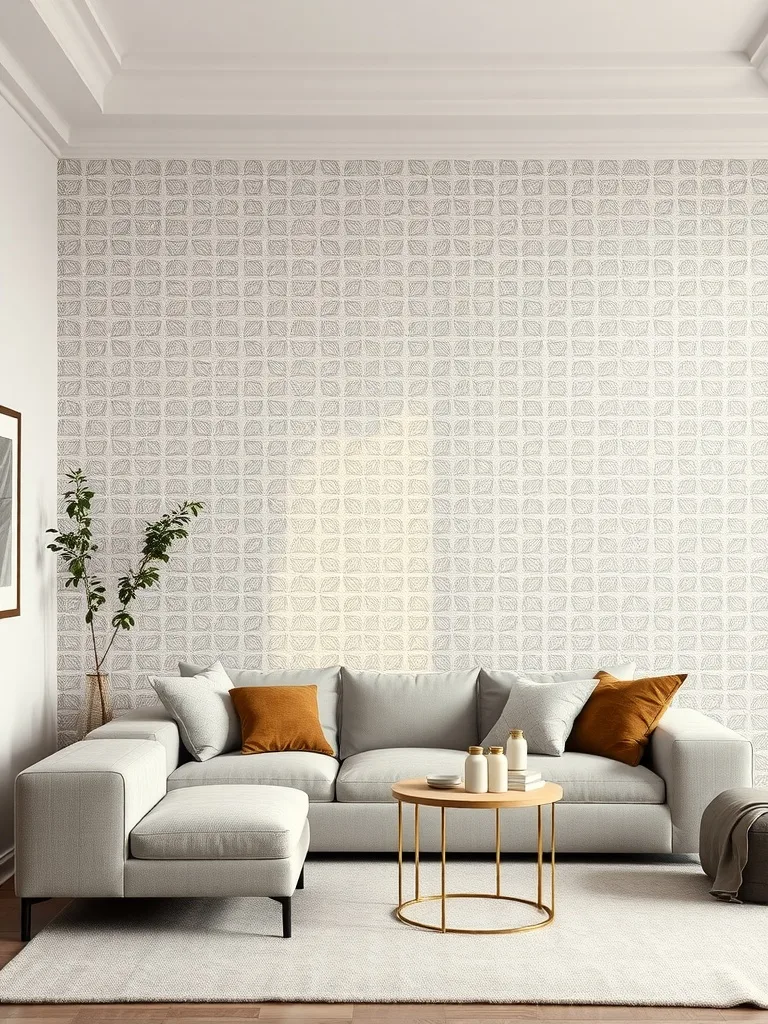 Neutral living room with a patterned accent wall, gray sofa, orange cushions, and a round coffee table.