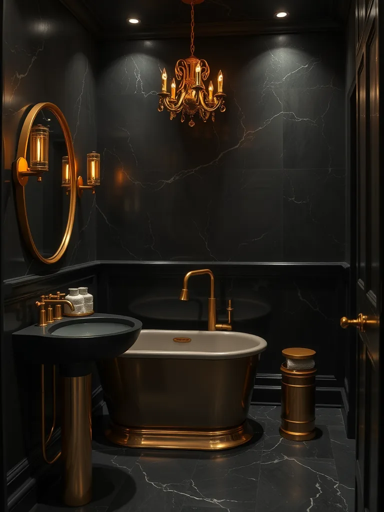 A dark, moody bathroom featuring gold and brass accents, including a chandelier and fixtures.