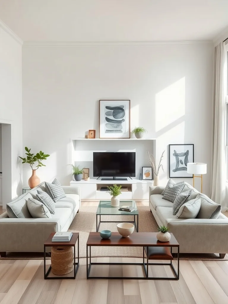 A neutral living room featuring two symmetrical sofas, a coffee table, and art pieces on the walls.