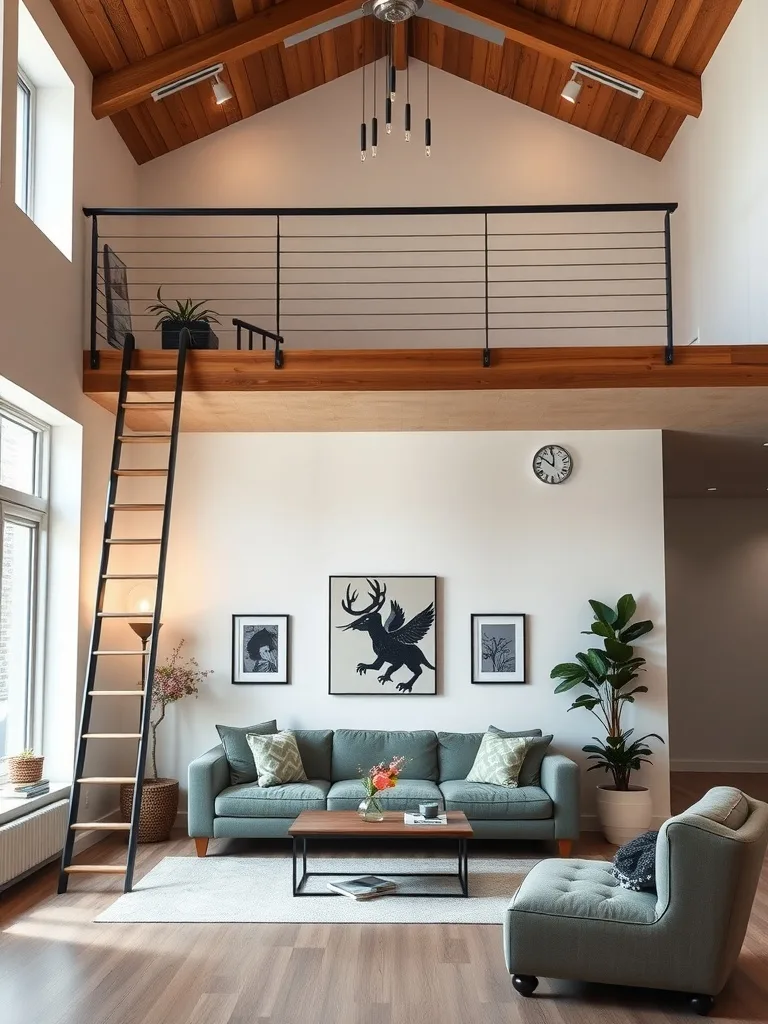 Stylish living room with high ceiling, ladder leading to a mezzanine, and modern decor.