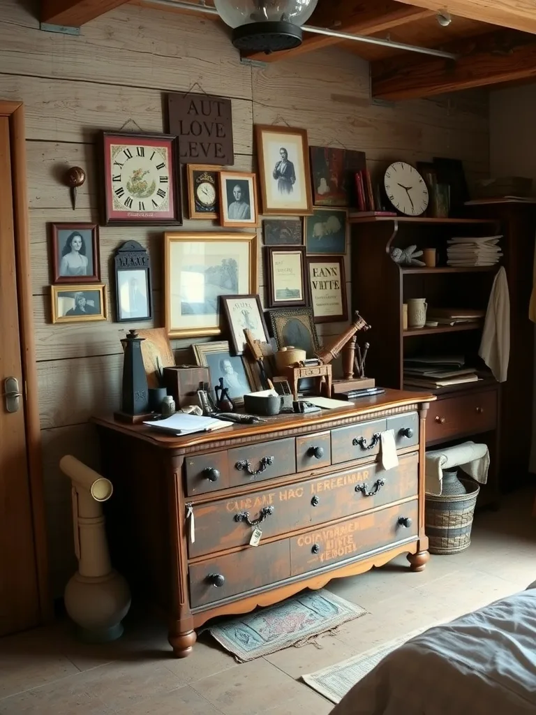 A rustic bedroom featuring an antique dresser adorned with personal photographs and decorative items.