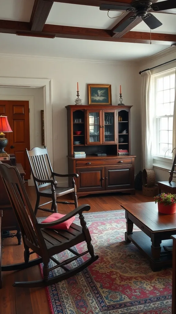 Cozy colonial living room with antique furniture, including rocking chairs and a wooden cabinet.