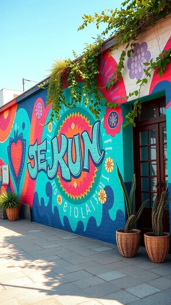 A colorful mural on an outdoor patio wall with potted plants nearby.