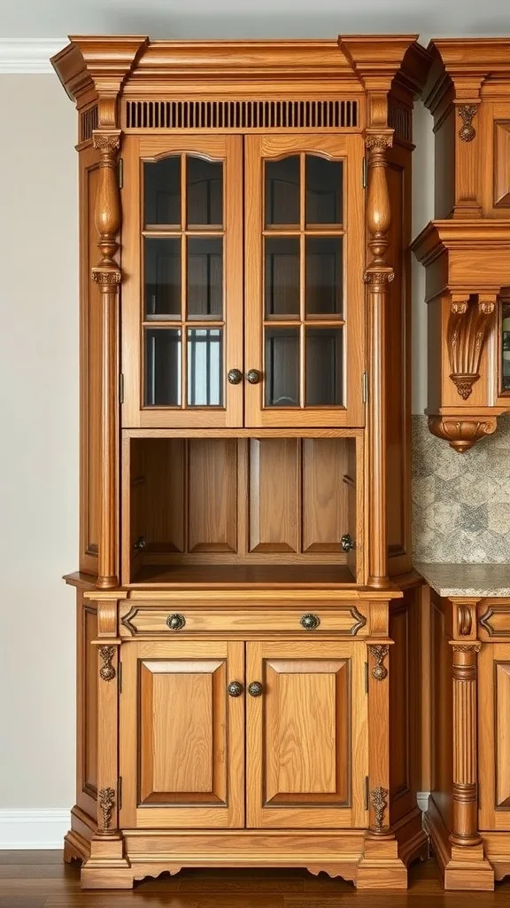 Intricately designed wooden kitchen corner cabinet with glass doors.