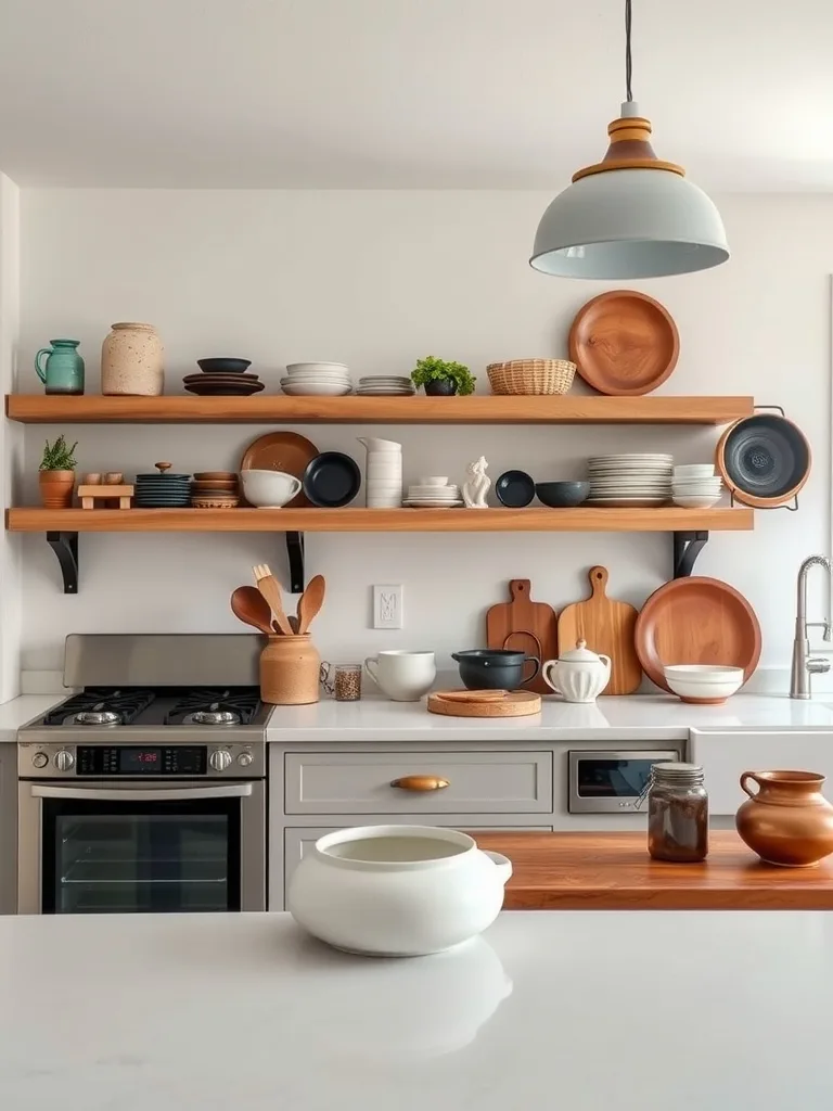 A beautifully organized kitchen with artisan-crafted plates and wooden shelves.