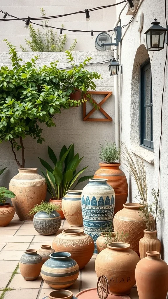 A collection of artisanal pottery in various sizes and designs on a patio, surrounded by greenery and string lights.