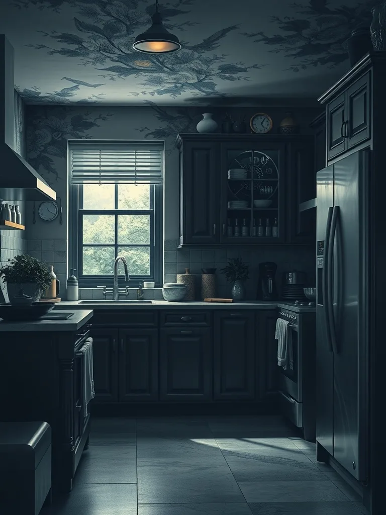 Moody dark kitchen with artistic decor and subtle lighting