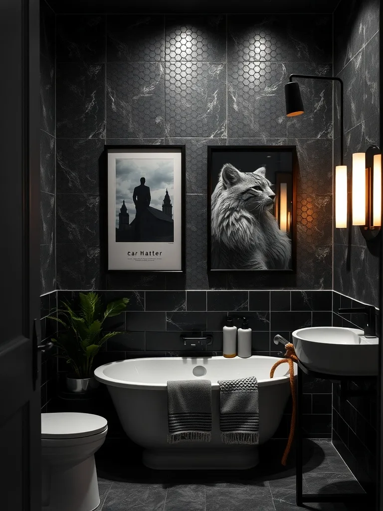 A dark-themed bathroom featuring artistic wall art, including a silhouette and a wolf portrait, with a modern tub and plant.