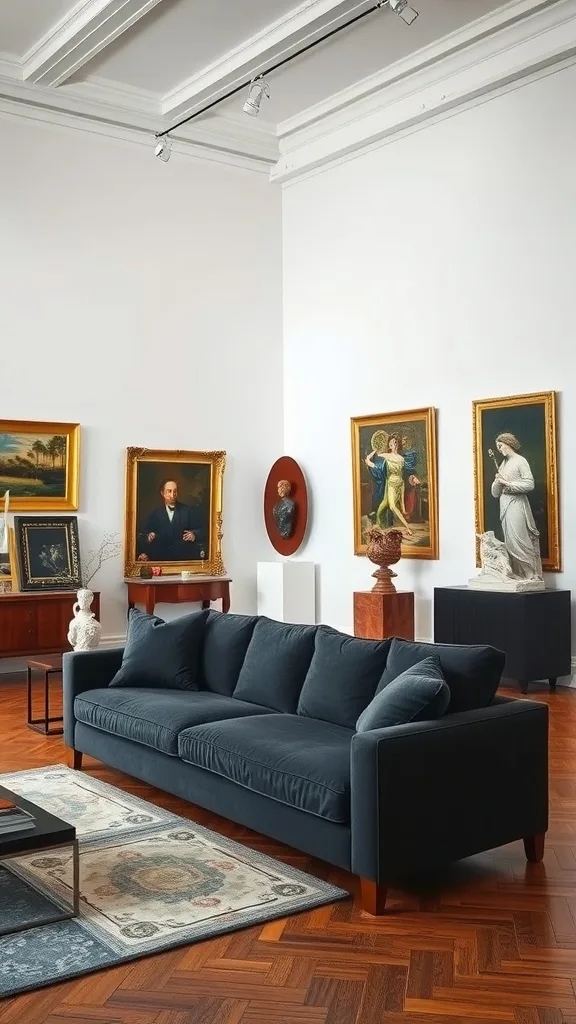 A dark gray sofa in a gallery space with various artworks on the walls.