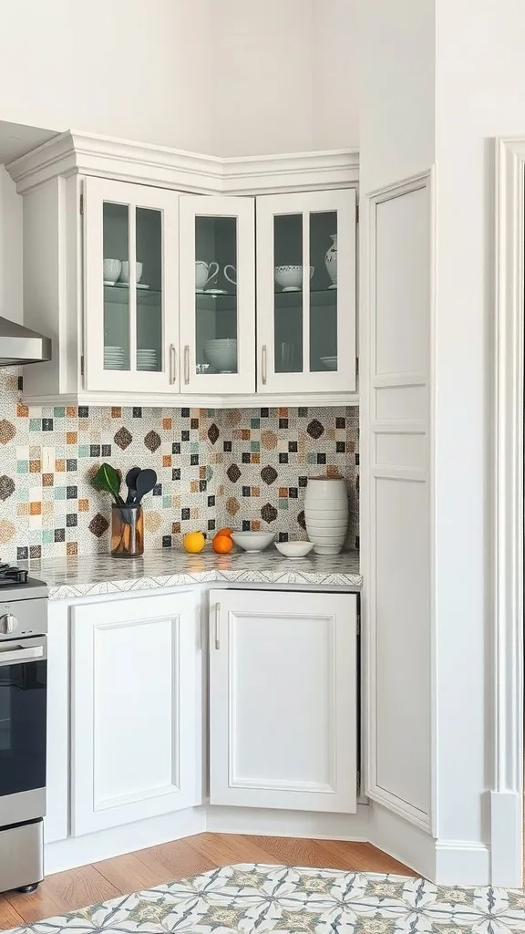 A kitchen corner featuring artistic mosaic tiles with a colorful pattern, white cabinets, and a well-organized countertop.